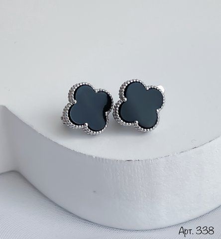 Серебряные серьги клевер (Van Cleef) чёрный оникс с английским замком R338 фото