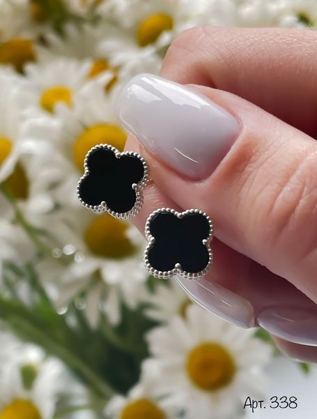 Серебряные серьги клевер (Van Cleef) чёрный оникс с английским замком R338 фото