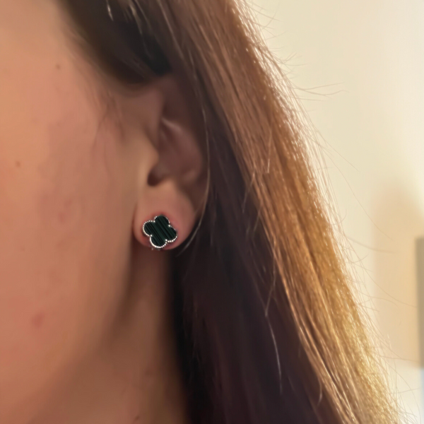 Серебряные серьги клевер (Van Cleef) чёрный оникс с английским замком R338 фото