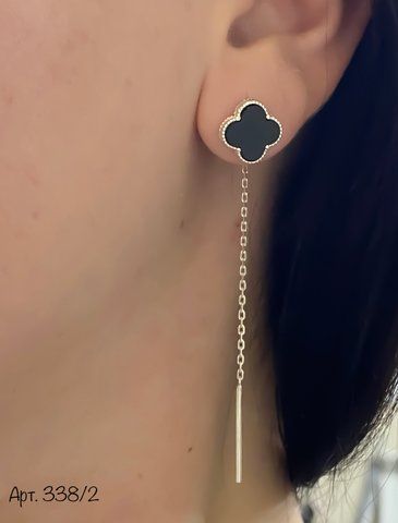 Серебряные серьги-протяжки клевер (Van Cleef) чёрный оникс R338-2 фото