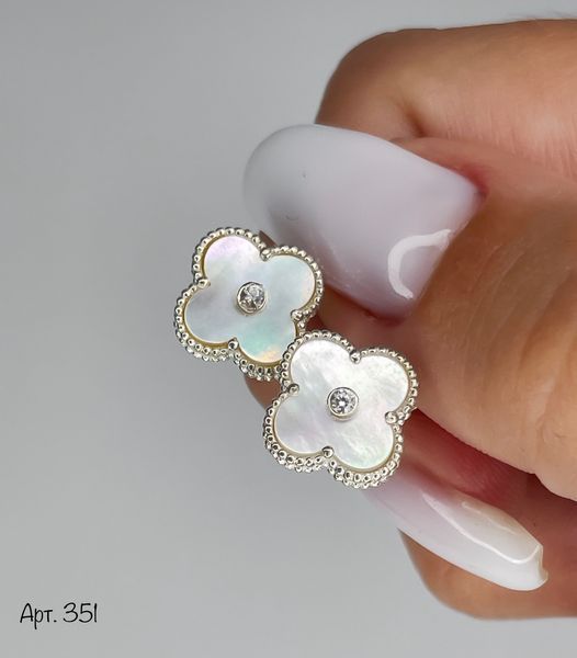 Серебряные серьги клевер (Van Cleef) с белым перламутром R350 фото