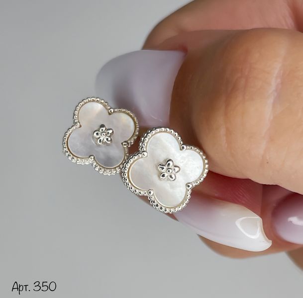 Серебряные серьги клевер (Van Cleef) с белым перламутром R350 фото